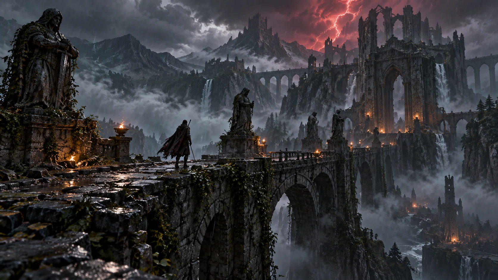 Dark fantasy landscape with a warrior standing toward the right